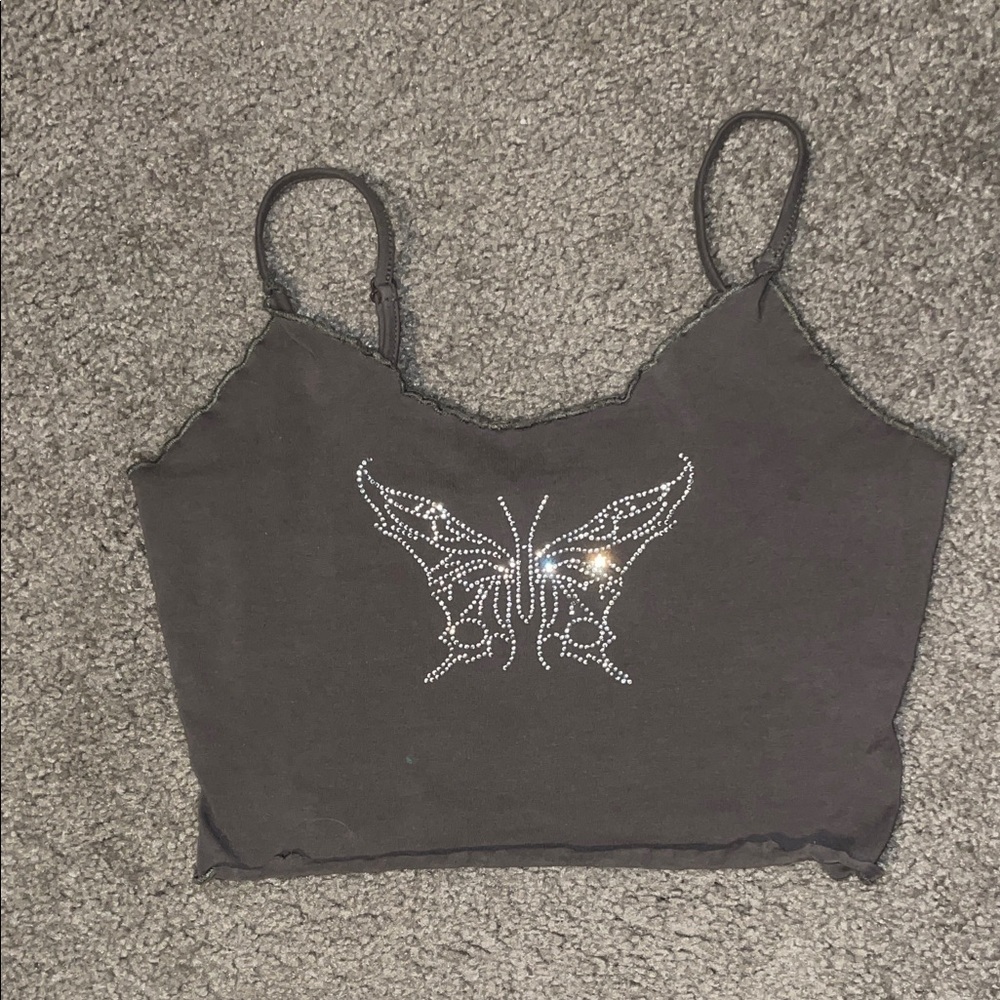 SHEIN Dark Army Green Crop Top with Jeweled Butterfly Design